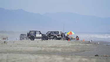 Cars parked at Waitārere Beach with beachgoers sitting under a beach umbrella