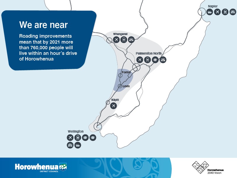 Map showing nearby towns and cities for the Horowhenua District.