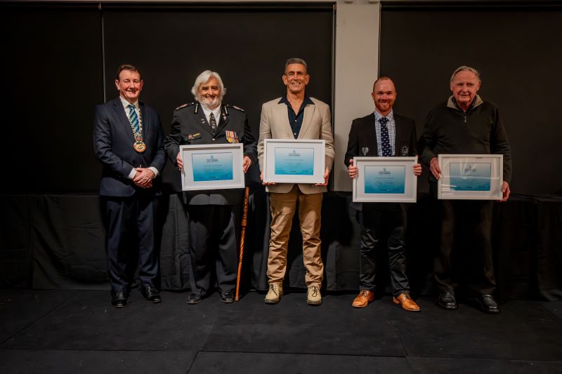 Civic and Youth Excellence Awards - Certificate of Recognition recipients with Mayor Bernie, (from left to right) Ropata Remihana, Frank Taylor, Corey Prouting and Jack Gibson.