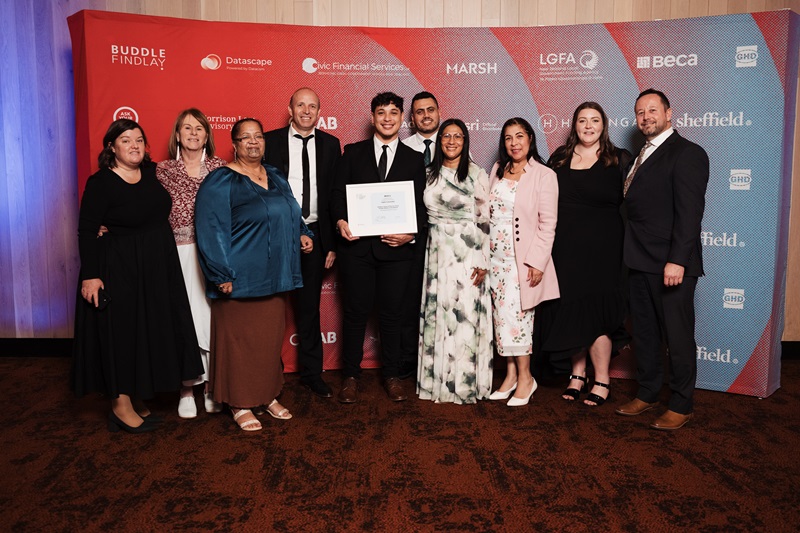 Representatives from Horowhenua District Council, Muaūpoko Tribal Authority and members of the former refugee community celebrate receiving a Highly Commended award in the Beca Award for Excellence in Placemaking at the 2026 Taituarā Local Government Excellence Awards.