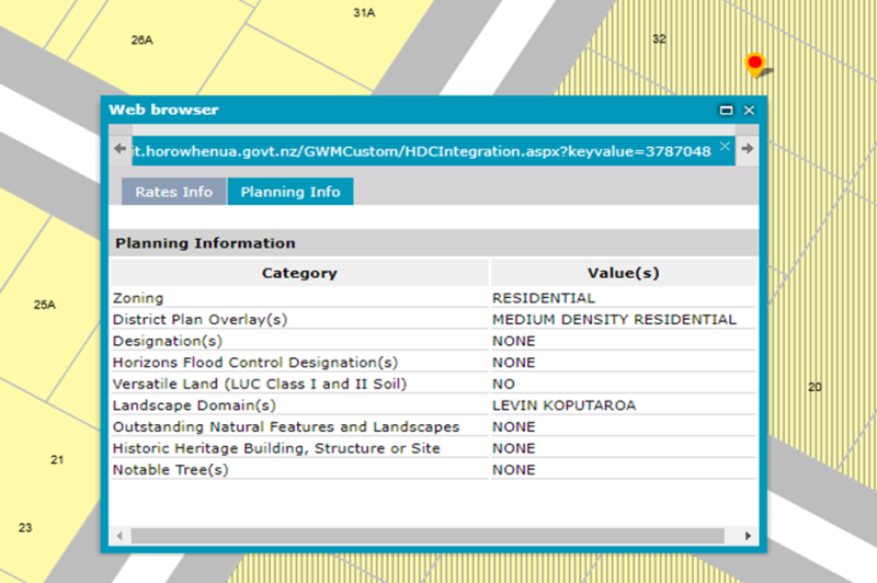 Applying for a resource consent - image showing Planning Info tab for a property on Horowhenua District online maps.