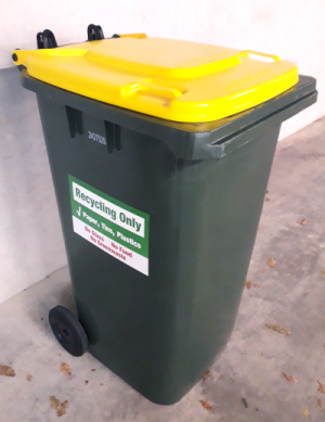 Image of a 240 Litre recycling wheelie bin for upcoming recycling changes.