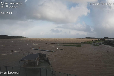 Horowhenua weather event 13 June 2022 - Horizons WebCam (Manawatu at Foxton) at Foxton Beach 11am.